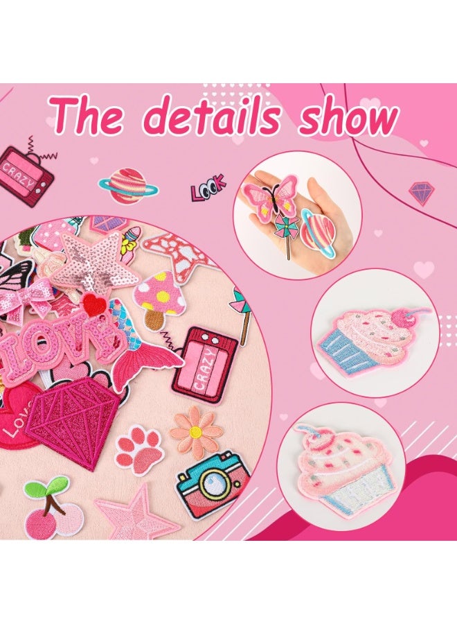 fantasize 36pcs Pink Embroidered Patches Random Assorted Styles Pink Theme Iron on Patches for Girls Western Cowgirl DIY Sew Applique Repair Patch Cute Preppy Sew on Patches for Backpacks Pants Clothes Jeans - Image 3